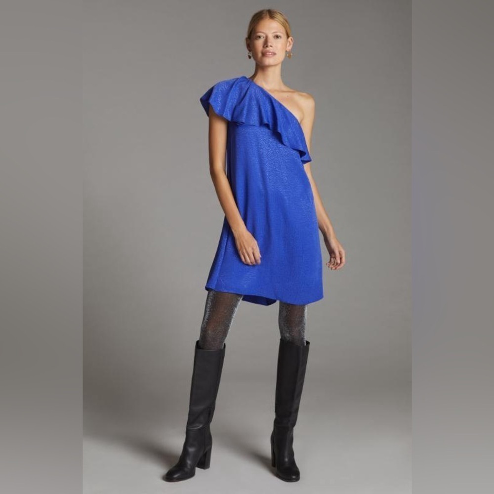 NWT Anthropologie Ruffled One-Shoulder Mini Dress in Blue, Size 4